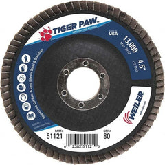 Weiler - 80 Grit, 4-1/2" Disc Diam, 7/8" Center Hole, Type 29 Zirconia Alumina Flap Disc - 13,000 Max RPM, Phenolic Backing, Arbor Attaching System, Coated - Americas Industrial Supply