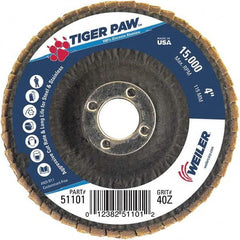 Weiler - 40 Grit, 4" Disc Diam, 5/8" Center Hole, Type 27 Zirconia Alumina Flap Disc - 15,000 Max RPM, Phenolic Backing, Arbor Attaching System, Coated - Americas Industrial Supply