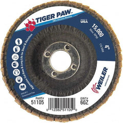 Weiler - 60 Grit, 4" Disc Diam, 5/8" Center Hole, Type 29 Zirconia Alumina Flap Disc - 15,000 Max RPM, Phenolic Backing, Arbor Attaching System, Coated - Americas Industrial Supply