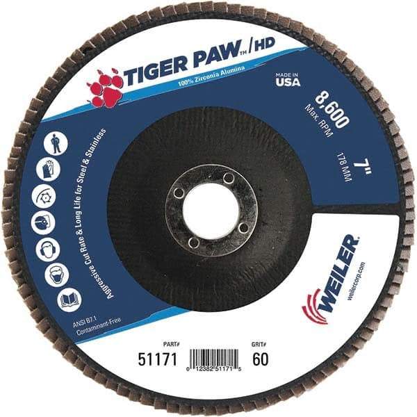 Weiler - 60 Grit, 7" Disc Diam, 7/8" Center Hole, Type 27 Zirconia Alumina Flap Disc - 8,600 Max RPM, Phenolic Backing, Arbor Attaching System, Coated - Americas Industrial Supply