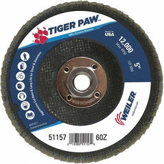 Weiler - 60 Grit, 5" Disc Diam, 5/8-11 Center Hole, Type 29 Zirconia Alumina Flap Disc - 12,000 Max RPM, Phenolic Backing, Arbor Attaching System, Coated - Americas Industrial Supply