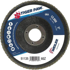 Weiler - 60 Grit, 5" Disc Diam, 7/8" Center Hole, Type 29 Zirconia Alumina Flap Disc - 12,000 Max RPM, Phenolic Backing, Arbor Attaching System, Coated - Americas Industrial Supply