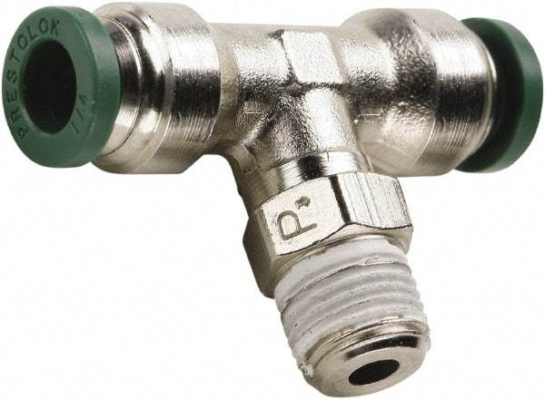 Parker - 3/8" Outside Diam, 1/2 NPT, Nickel Plated Brass Push-to-Connect Tube Male Swivel Branch Tee - 300 Max psi, Tube to Male NPT Connection, Buna-N O-Ring - Americas Industrial Supply