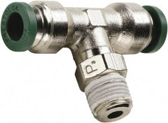 Parker - 3/8" Outside Diam, 1/2 NPT, Nickel Plated Brass Push-to-Connect Tube Male Swivel Branch Tee - 300 Max psi, Tube to Male NPT Connection, Buna-N O-Ring - Americas Industrial Supply