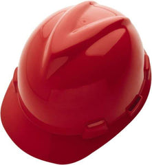 MSA - ANSI Type I, Class E Rated, 4-Point, Ratchet Adjustment Hard Hat - Size 6-5/8 to 7-3/4, Red, Standard Brim - Americas Industrial Supply