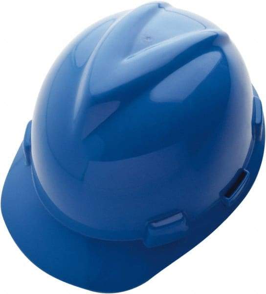 MSA - ANSI Type I, Class E Rated, 4-Point, Ratchet Adjustment Hard Hat - Size 6-5/8 to 7-3/4, Blue, Standard Brim - Americas Industrial Supply