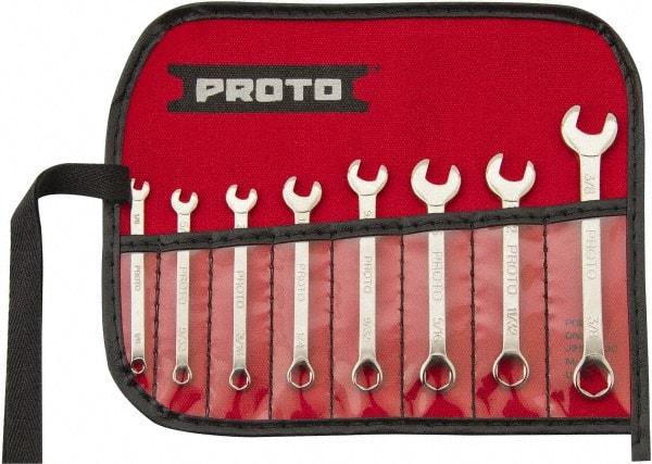 Proto - 8 Piece, 1/8" to 3/8", 6 Point Extra Short Combination Wrench Set - Inch Measurement Standard, Full Polish Finish, Comes in Nylon Roll - Americas Industrial Supply