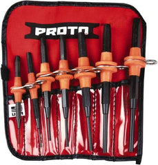 Proto - 7 Piece, 1/16 to 1/4", Tethered Pin Punch Set - Straight Shank, Comes in Nylon Roll - Americas Industrial Supply