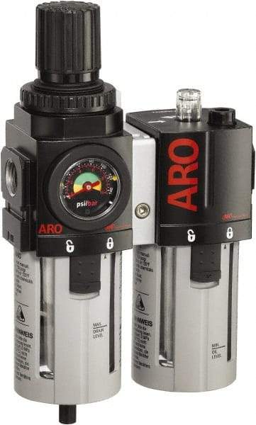 ARO/Ingersoll-Rand - 1/2" NPT Port Standard 2 Piece Filter/Regulator-Lubricator FRL Unit - Polycarbonate Bowl, 120 SCFM, 150 Max psi, 9.95" High x 5.724" Long, Manual Drain - Americas Industrial Supply