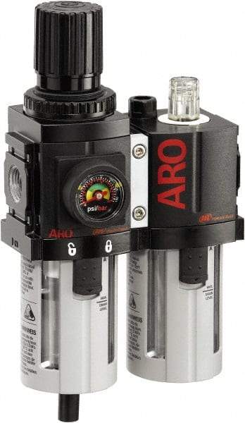 ARO/Ingersoll-Rand - 3/8" NPT Port Compact 2 Piece Filter/Regulator-Lubricator FRL Unit - Polycarbonate Bowl, 71 SCFM, 150 Max psi, 8.15" High x 4.409" Long, Automatic Drain - Americas Industrial Supply