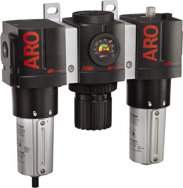 ARO/Ingersoll-Rand - 1" NPT Port Heavy Duty 3 Piece Filter-Regulator-Lubricator FRL Unit - Metal Bowl, 215 SCFM, 250 Max psi, 10.75" High x 11.102" Long, Manual Drain - Americas Industrial Supply