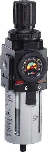 ARO/Ingersoll-Rand - 1/2" NPT Port Standard 1 Piece Coalescing Filter/Regulator FRL Unit - Polycarbonate Bowl, 172 SCFM, 150 Max psi, 9.961" High x 2.756" Long, Manual Drain - Americas Industrial Supply