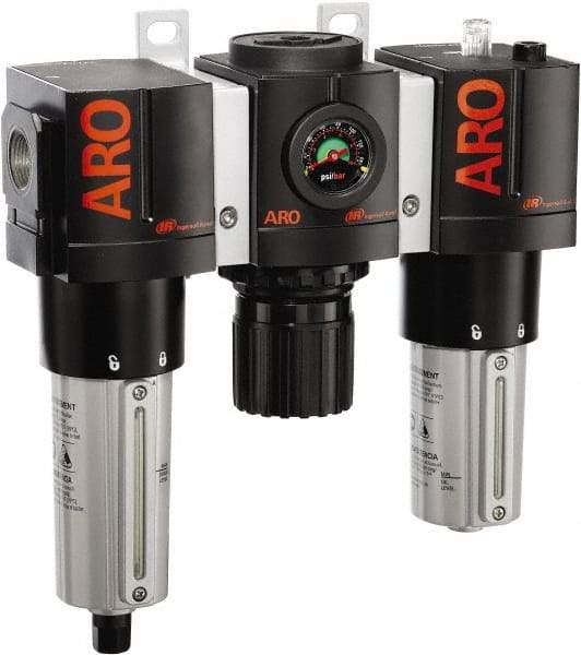 ARO/Ingersoll-Rand - 3/4" NPT Port Heavy Duty 3 Piece Filter-Regulator-Lubricator FRL Unit - Metal Bowl, 199 SCFM, 250 Max psi, 10.75" High x 11.102" Long, Automatic Drain - Americas Industrial Supply