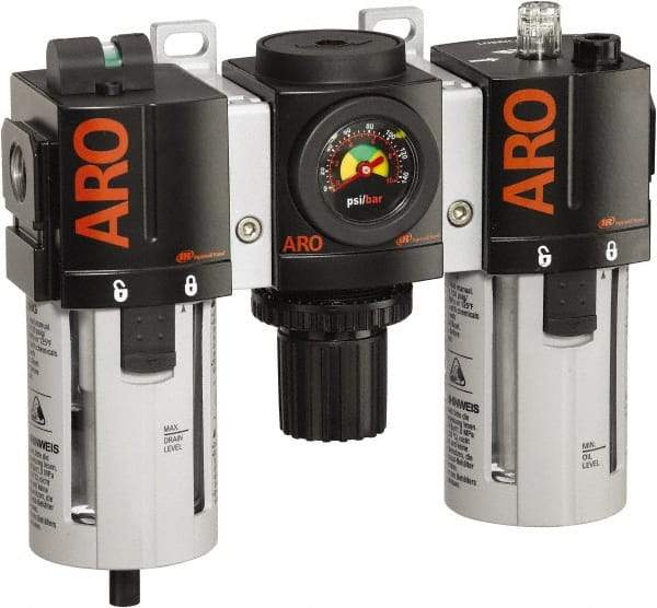 ARO/Ingersoll-Rand - 3/8" NPT Port Standard 3 Piece Filter-Regulator-Lubricator FRL Unit - Polycarbonate Bowl, 99 SCFM, 150 Max psi, 7.7" High x 8.693" Long, Manual Drain - Americas Industrial Supply
