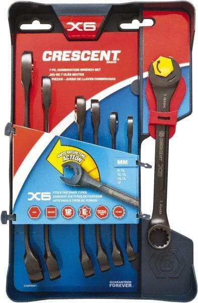 Crescent - 7 Piece, 8mm to 17mm, 12 Point Ratcheting Combination Wrench Set - Metric Measurement Standard, Black Finish, Comes in Caddy - Americas Industrial Supply