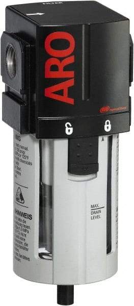 ARO/Ingersoll-Rand - 1/2" Port, 7.047" High x 2.874" Wide Standard Filter with Polycarbonate Bowl, Manual Drain - 197 SCFM, 150 Max psi, 125°F Max Temp, Modular Connection, Bowl Guard, 1.9 oz Bowl Capacity - Americas Industrial Supply