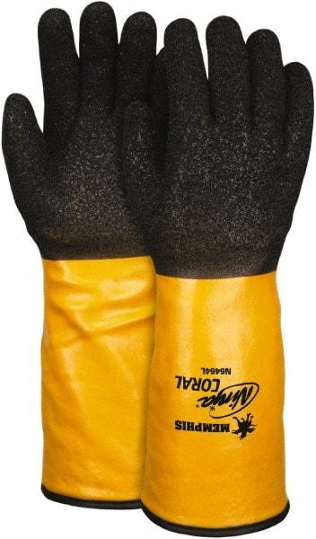 MCR Safety - Size L (9), ANSI Cut Lvl 2, Puncture Lvl 2, Abrasion Lvl 4, PVC Coated PVC Cut Resistant Gloves - 14" Long, Palm, Fingers & Knuckles Coated, Dyneema Lining, Gauntlet Cuff, Black/Yellow, Paired - Americas Industrial Supply