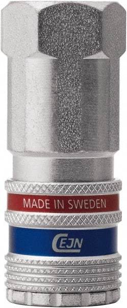 CEJN - 1/2 Female NPT Industrial Pneumatic Hose Safety Coupler - Steel/Brass, 1/4" Body Diam, 1/2" Hose ID - Americas Industrial Supply