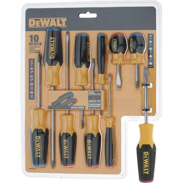 DeWALT - 10 Piece Slotted & Phillips Screwdriver Set - Color Coded Handle, Blade Sizes: Length 6, Width 3/16, 1/4 & 1/8, Bit Sizes: Philips #0 to #2, Tip Thickness: 1/8, 3/16 & 1/4 - Americas Industrial Supply