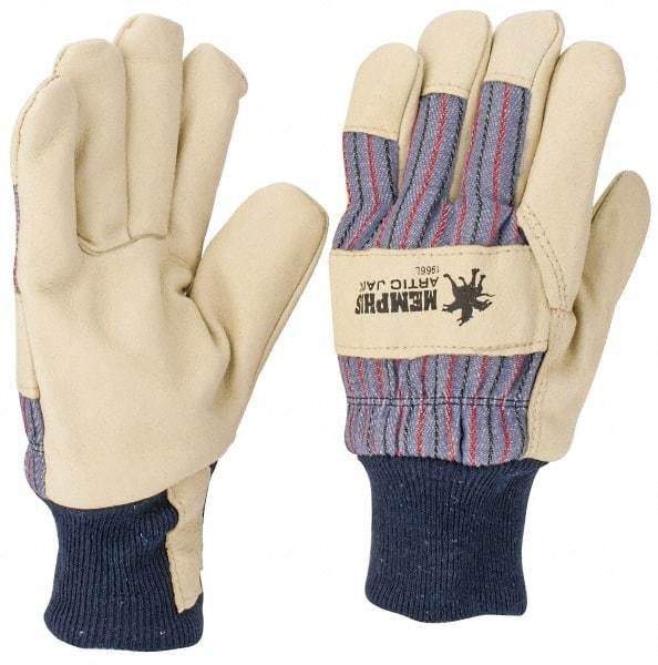 MCR Safety - Size L Pigskin General Protection Work Gloves - For General Purpose, Uncoated, Knit Wrist Cuff, Tan/Blue/Black/Red, Paired - Americas Industrial Supply