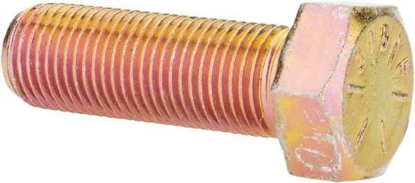 Made in USA - 1/2-20 UNF, 1-1/2" Length Under Head Hex Head Cap Screw - Fully Threaded, Grade 8 Alloy Steel, Zinc Yellow Dichromate Finish, 3/4" Hex - Americas Industrial Supply
