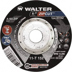 WALTER Surface Technologies - 60 Grit, 4-1/2" Wheel Diam, 3/64" Wheel Thickness, 7/8" Arbor Hole, Type 27 Depressed Center Wheel - Aluminum Oxide, Resinoid Bond, 13,300 Max RPM, Compatible with Angle Grinder - Americas Industrial Supply