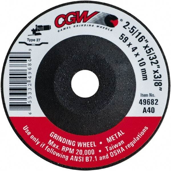Camel Grinding Wheels - 40 Grit, 2-5/16" Wheel Diam, 5/32" Wheel Thickness, 3/8" Arbor Hole, Type 27 Depressed Center Wheel - Medium Grade, Aluminum Oxide, Resinoid Bond, 20,000 Max RPM - Americas Industrial Supply