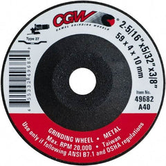Camel Grinding Wheels - 40 Grit, 2-5/16" Wheel Diam, 5/32" Wheel Thickness, 3/8" Arbor Hole, Type 27 Depressed Center Wheel - Medium Grade, Aluminum Oxide, Resinoid Bond, 20,000 Max RPM - Americas Industrial Supply
