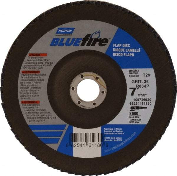 Norton - 36 Grit, 7" Disc Diam, 7/8" Center Hole, Type 29 Zirconia Alumina Flap Disc - 8,600 Max RPM, Cloth Backing, Arbor Attaching System, Coated - Americas Industrial Supply