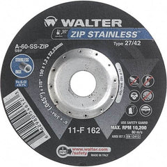 WALTER Surface Technologies - 60 Grit, 6" Wheel Diam, 3/64" Wheel Thickness, 7/8" Arbor Hole, Type 27 Depressed Center Wheel - Aluminum Oxide/Silicon Carbide Blend, Resinoid Bond, 10,200 Max RPM - Americas Industrial Supply