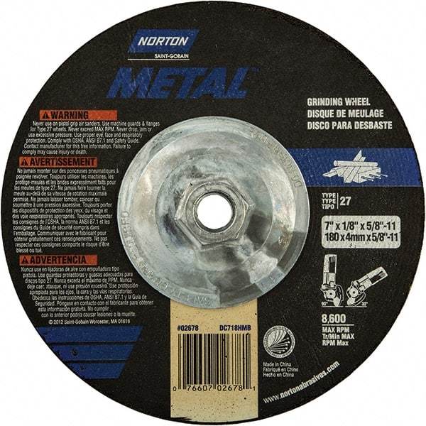 Norton - 24 Grit, 7" Wheel Diam, 1/8" Wheel Thickness, Type 27 Depressed Center Wheel - Extra Coarse Grade, Aluminum Oxide, 8,600 Max RPM, Compatible with Angle Grinder - Americas Industrial Supply