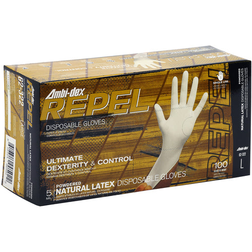 ‎62-322/XS Disposable Gloves - Ambi-Dex Repel Disposable Latex - 5 Mil Natural - Powdered - Text Grip - Exact Industrial Supply