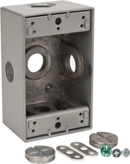 Thomas & Betts - 1 Gang, (5) 1/2" Knockouts, Aluminum Rectangle Outlet Box - 4-1/2" Overall Height x 2-1/2" Overall Width x 2" Overall Depth, Weather Resistant - Americas Industrial Supply