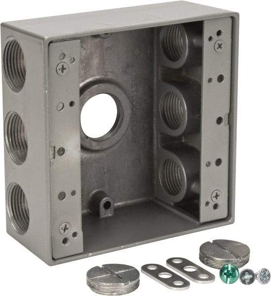 Thomas & Betts - 2 Gang, (7) 3/4" Knockouts, Aluminum Square Outlet Box - 4-9/16" Overall Height x 4-5/8" Overall Width x 2-1/16" Overall Depth, Weather Resistant - Americas Industrial Supply