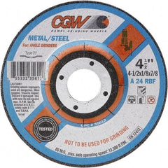 Camel Grinding Wheels - 24 Grit, 7" Wheel Diam, 1/8" Wheel Thickness, Type 27 Depressed Center Wheel - Coarse Grade, Aluminum Oxide, Resinoid Bond, 8,600 Max RPM - Americas Industrial Supply