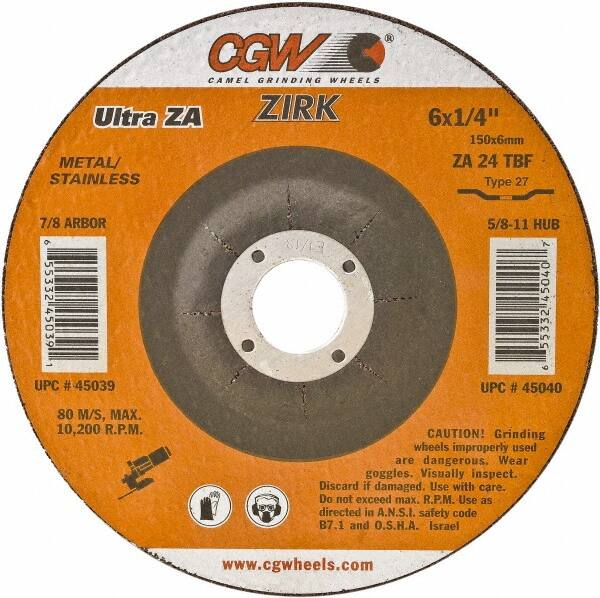 Camel Grinding Wheels - 24 Grit, 4-1/2" Wheel Diam, 1/4" Wheel Thickness, 7/8" Arbor Hole, Type 27 Depressed Center Wheel - Coarse Grade, Zirconia Alumina, Resinoid Bond, 13,300 Max RPM - Americas Industrial Supply