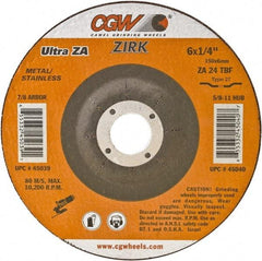 Camel Grinding Wheels - 24 Grit, 9" Wheel Diam, 1/4" Wheel Thickness, 7/8" Arbor Hole, Type 27 Depressed Center Wheel - Coarse Grade, Zirconia Alumina, Resinoid Bond, 6,650 Max RPM - Americas Industrial Supply
