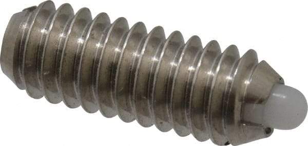 Vlier - 8-32, 7/16" Thread Length, 0.052" Plunger Projection, Stainless Steel Threaded Spring Plunger - 0.07" Max Plunger Diam, 0.437" Plunger Length, 0.5 Lb Init End Force, 1.5 Lb Final End Force - Americas Industrial Supply