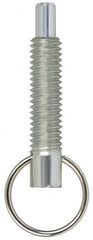 Vlier - 1/4-20, 0.8" Thread Length, 0.155" Plunger Diam, 1/4" Plunger Projection, 1 Lb Init to 2.5 Lb Final End Force, Stainless Steel Locking Pull Ring Plunger - 0.8" Len Under Head, 1.14" Body Len, 0.62" Ring Diam, 1.14" Plunger Len, 0.34" Head Height - Americas Industrial Supply