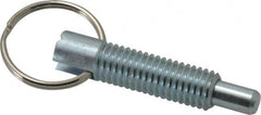 Vlier - 1/2-13, 1.4" Thread Length, 5/16" Plunger Diam, 1/2" Plunger Projection, 2.5 Lb Init to 5 Lb Final End Force, Steel Locking Pull Ring Plunger - 1.4" Len Under Head, 2" Body Len, 1.26" Ring Diam, 2" Plunger Len, 0.6" Head Height - Americas Industrial Supply