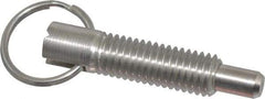 Vlier - 1/2-13, 1.4" Thread Length, 5/16" Plunger Diam, 1/2" Plunger Projection, 2.5 Lb Init to 5 Lb Final End Force, Stainless Steel Locking Pull Ring Plunger - 1.4" Len Under Head, 2" Body Len, 1.26" Ring Diam, 2" Plunger Len, 0.6" Head Height - Americas Industrial Supply