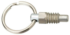 Vlier - M12x1.75, 0.43" Thread Length, 0.31" Plunger Diam, 0.38" Plunger Projection, 1 Lb Init to 4 Lb Final End Force, Stainless Steel Pull Ring Plunger - 0.56" Len Under Head, 0.81" Body Len, 1" Ring Diam, 1.06" Plunger Len, 12mm Hex, 1/4" Head Height - Americas Industrial Supply