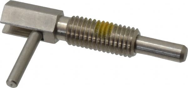 Vlier - M12x1.75, 1.11" Thread Length, 7mm Plunger Diam, 4.5 N Init to 22.3 N Final End Force, Stainless Steel Locking L Handle Plunger - 54mm Body Length, 32mm Length Under Head, Locking Element, 19mm Plunger Projection - Americas Industrial Supply