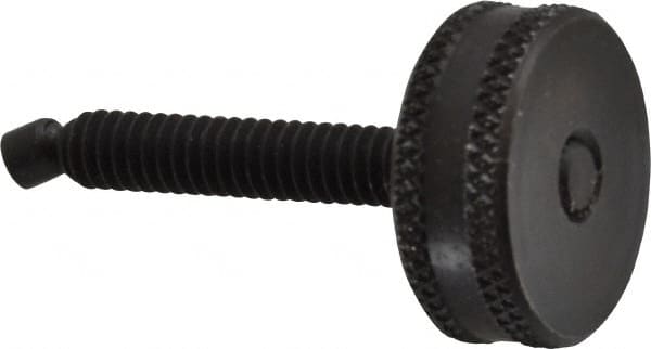 Vlier - 1/4-20 Knurled Shoulderless Swivel Pad Tip Steel Thumb Screw - 1-7/8" OAL, 1" Head Diam x 3/8" Head Height, Black Oxide Finish - Americas Industrial Supply