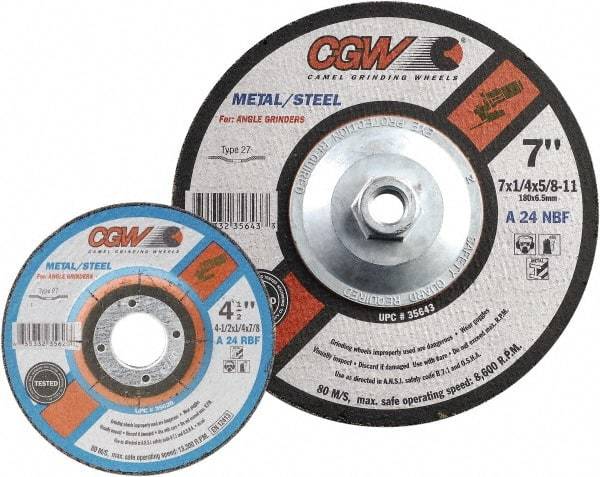 Camel Grinding Wheels - 24 Grit, 6" Wheel Diam, 1/4" Wheel Thickness, Type 27 Depressed Center Wheel - Coarse Grade, Aluminum Oxide, Resinoid Bond, 10,200 Max RPM - Americas Industrial Supply