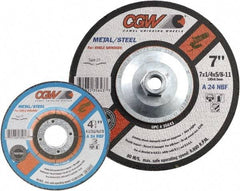 Camel Grinding Wheels - 24 Grit, 7" Wheel Diam, 1/4" Wheel Thickness, Type 27 Depressed Center Wheel - Coarse Grade, Aluminum Oxide, Resinoid Bond, 8,600 Max RPM - Americas Industrial Supply