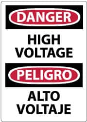 NMC - Accident Prevention Label, Header: DANGER - Legend: Danger - High Voltage, English & Spanish, Black, Red & White, 3" Long x 5" High, Sign Muscle Finish - Americas Industrial Supply