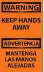 NMC - Accident Prevention Label, Header: WARNING - Legend: Warning - Keep Hands Away, English & Spanish, Black & Orange, 3" Long x 5" High, Sign Muscle Finish - Americas Industrial Supply