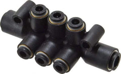 Legris - 1/4 x 5-32" Outside Diam, Nylon Push-to-Connect Tube Double Multiple Tee with Mounting Holes - 290 Max psi, Black - Americas Industrial Supply