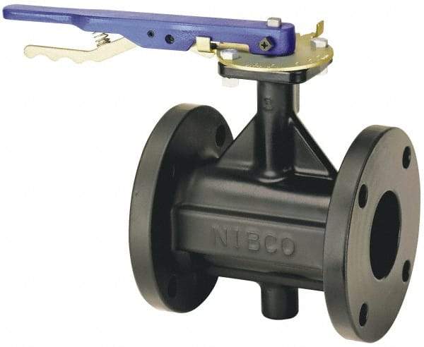 NIBCO - 5" Pipe, Flanged Butterfly Valve - Lever Handle, Cast Iron Body, Polyamide Seat, 200 WOG, Buna-N Coated Ductile Iron Disc, Stainless Steel Stem - Americas Industrial Supply